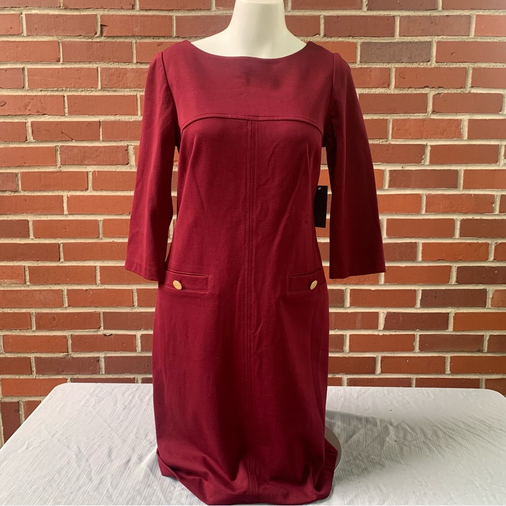 Vince Camuto merlot long sleeve knit career dress with gold accents- 8 NWT